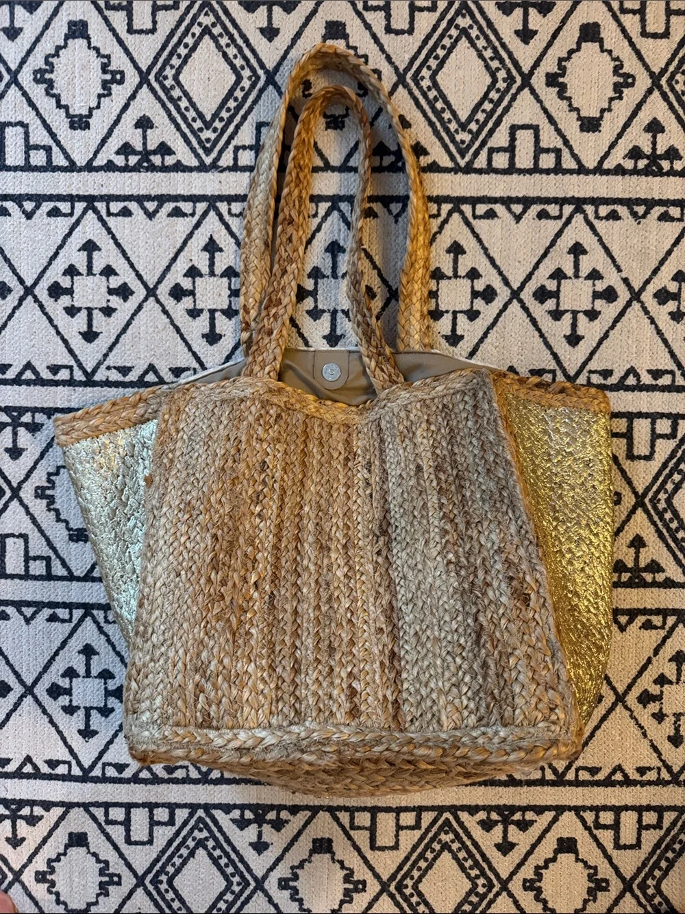 Chloe & Alex Braided Straw Tote with Gold Panels and Embossed Leather - NWOT